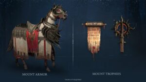 Two Diablo IV mount trophies from the Dragoon's Path mount armor set, one a detailed scroll, the other a metal sigil shaped like the sun, rest against a deep blue background. Text overlaid reads, Mount trophies. *Diablo IV required.