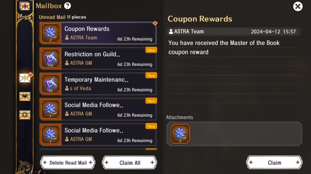 ASTRA: Knights of Veda Coupon Rewards