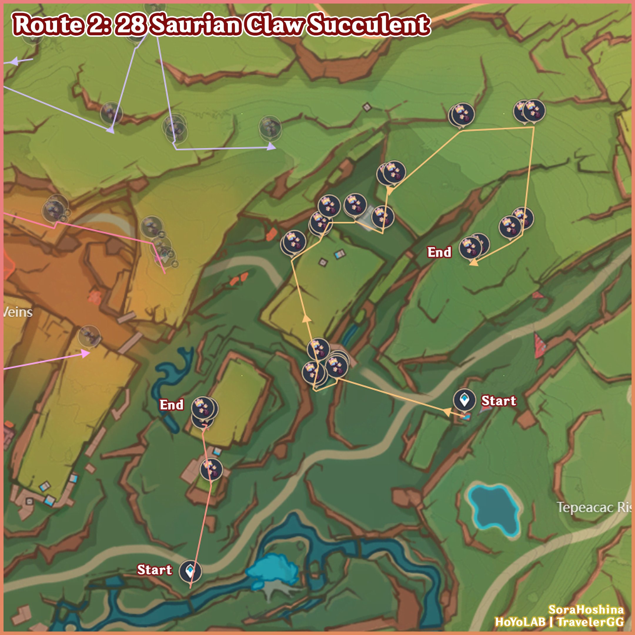 Impacto de Genshin: Ruta de las suculentas garra sauriana y guía agrícola